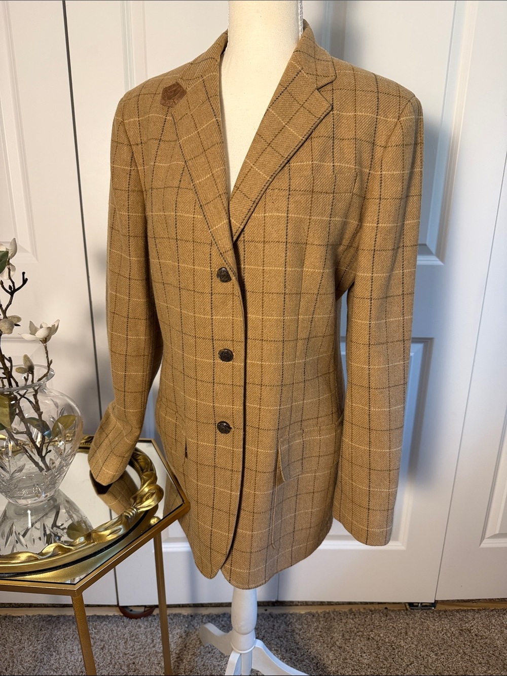 Lauren Ralph Lauren Camel Windowpane lambswool Equestrian Wool Blazer sz 8